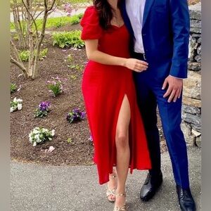 Reformation Red Puff Sleeve Midi Dress Open Back Slit | Size 0